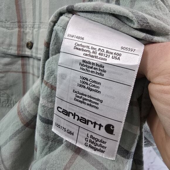 Carhartt Shirt Mens Large Green Short Sleeve Button Up Plaid Collared Loose Fit - Picture 8 of 11